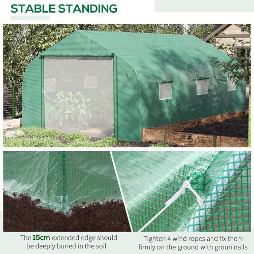 Outsunny Walk-in Polytunnel Garden Greenhouse, Outdoor Mesh Door Greenhouse With PE Cover And 6 Windows, 4.5 X 3 X 2m, Green