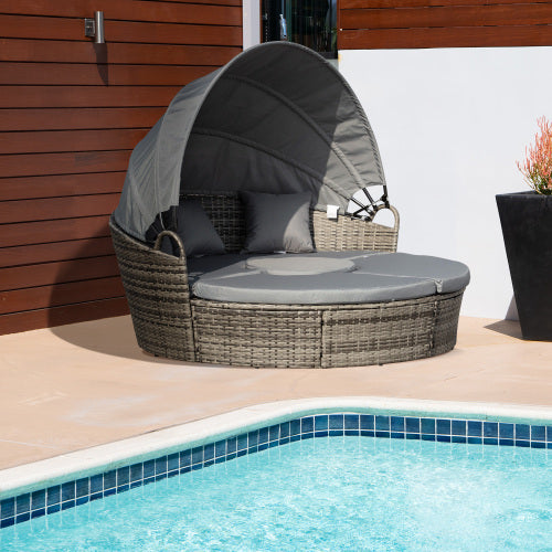 Outsunny Outdoor PE Rattan Garden Furniture With Cushioned, Patio Wicker Conversation Furniture Set, Round Daybed With Retractable Canopy, Coffee Table And Three Pillows, Dark Grey