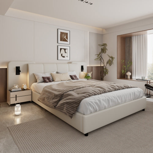 Upholstered Bed, With Charging Port And Lighting, 4ft6 Double Bed 135x190cm, Soft Sponge Headboard Backrest, Anti-collision Sponge Filling, PU  Plywood,