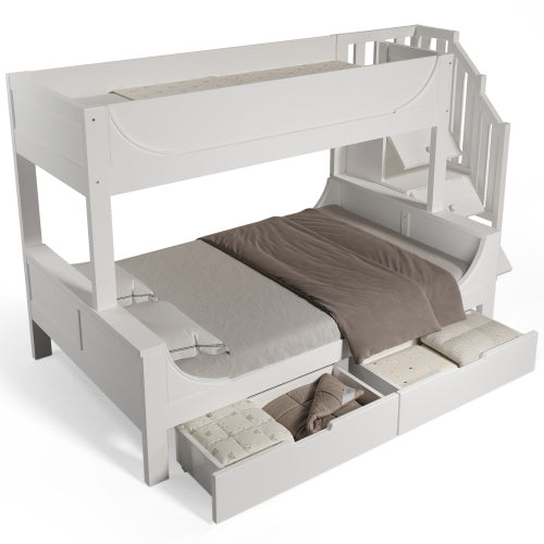 Bunk Beds For Kids, Staircase Bunk With Drawers And Storage, Children's Bed With Storage Unit, Double Bunk Bed For Family With Multiple Children,olid Wood, White