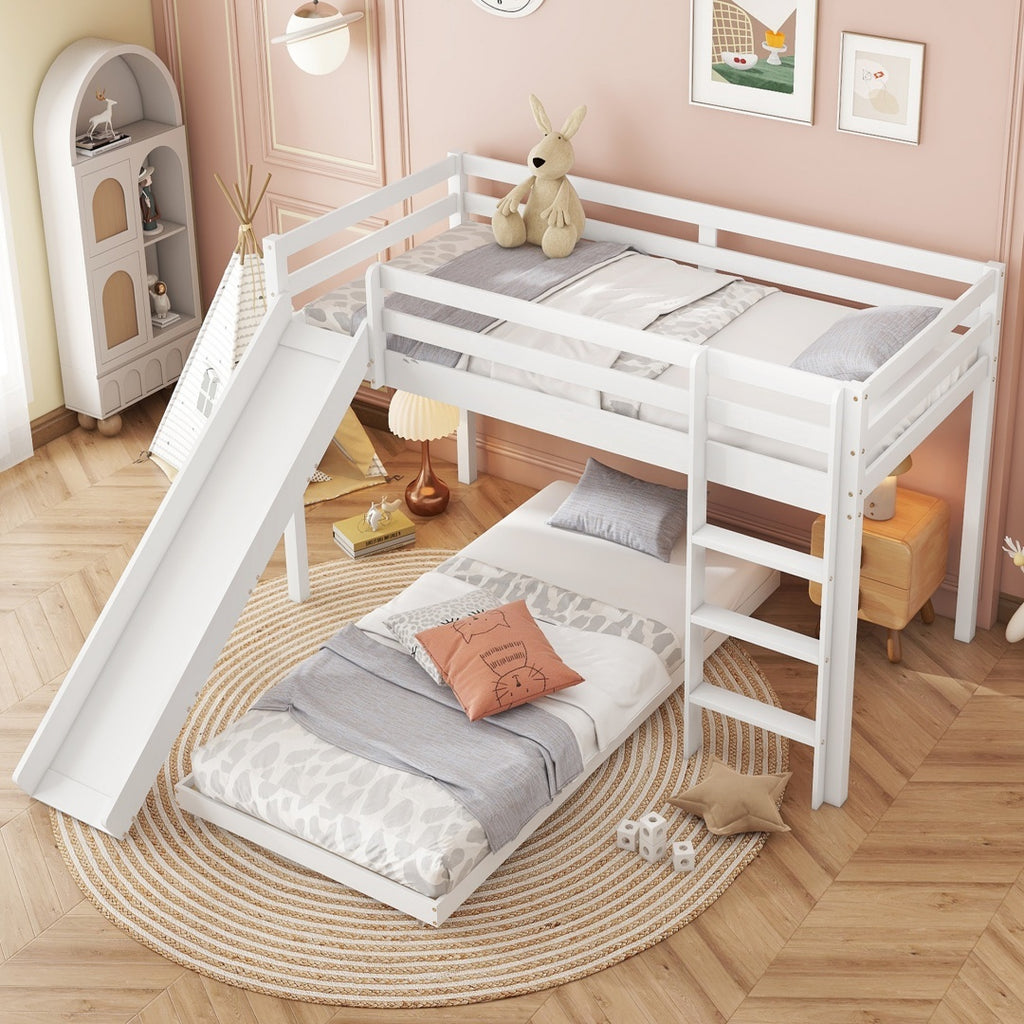 Childrens Cabin Bed Frame With Slide  Ladder, Bunk Bed For Kids With Adjustable Ladder And Slide, Adjustable Lower Bed ,White, 190x90cm    200x90cm