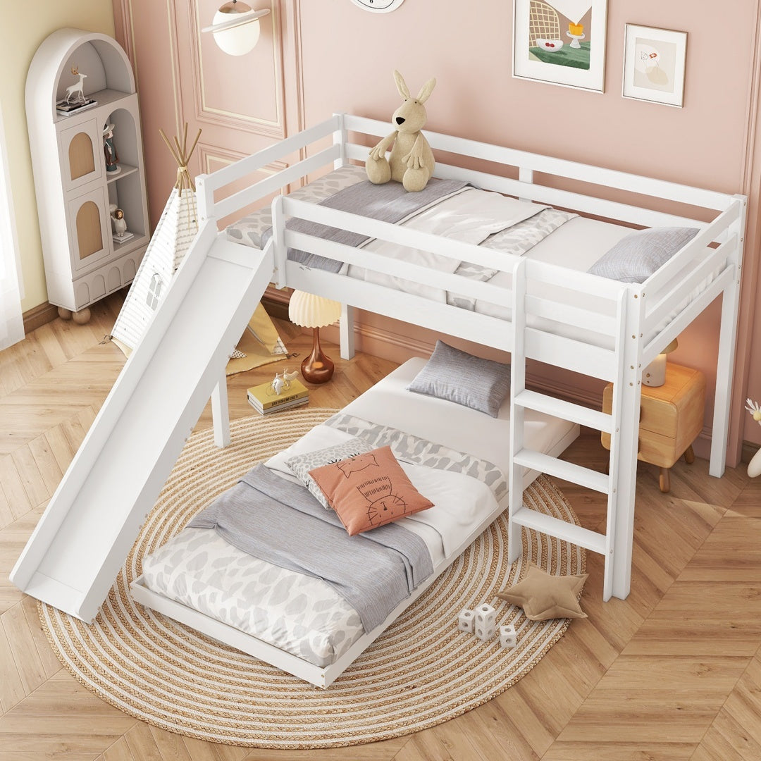 Childrens Cabin Bed Frame With Slide  Ladder, Bunk Bed For Kids With Adjustable Ladder And Slide, Adjustable Lower Bed ,White, 190x90cm    200x90cm