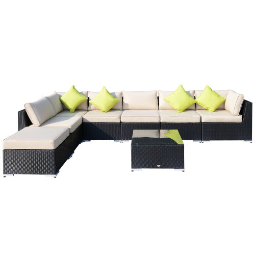 Outsunny 8 Pieces PE Rattan Corner Sofa Set With Thick Cushions, Aluminium Outdoor Rattan Garden Furniture Set With Glass Top Table, No Assembly Required, Black