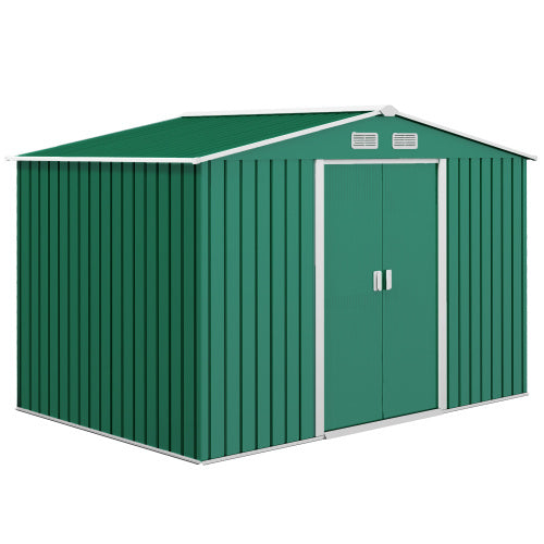 Outsunny 9 X 6ft Metal Garden Shed, Outdoor Storage Tool House With Ventilation Slots, Foundation Kit And Lockable Double Doors, Green