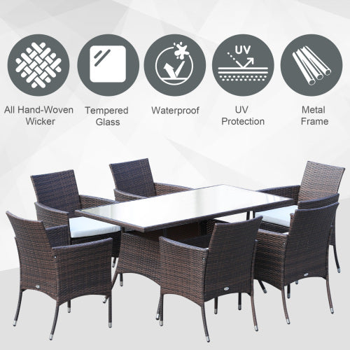 Outsunny 6 Seater Rattan Dining Set With Cushions, Rattan Garden Furniture Set With 6 Armchairs, Rectangular Glass Top Table, Outdoor Dining Table And Chairs, Brown