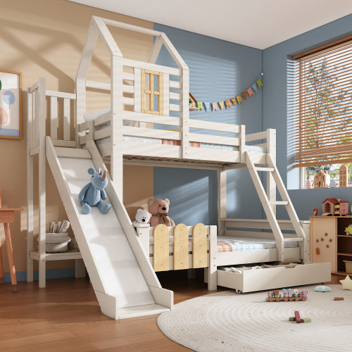 Bunk Beds For Kids, Wooden Cabin Bed With Ladder And Slide, Multi-functional Tree-house Bed, Children's House Bed, Twin Sleeper Solid Wood, White