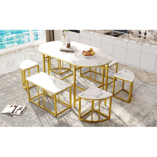 Dining Room Table Set With Six Chairs, Dining Group With White MDF Seat Cushions And Gold-plated Iron Frames, Modern Luxury Tables And Chairs