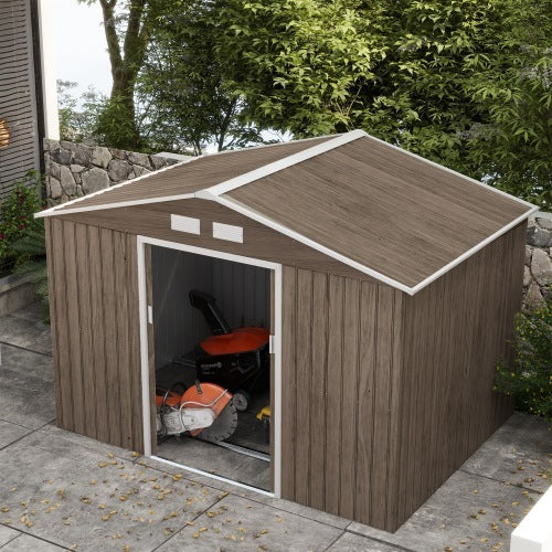 Outsunny 9 X 6ft Steel Garden Shed, Outdoor Storage Tool House With Vents, Foundation And Lockable Double Doors, Brown