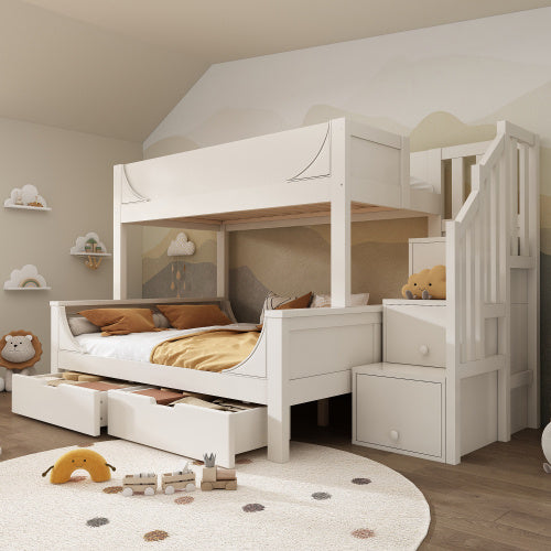 Bunk Beds For Kids, Staircase Bunk With Drawers And Storage, Children's Bed With Storage Unit, Double Bunk Bed For Family With Multiple Children,olid Wood, White
