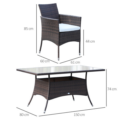 Outsunny 6 Seater Rattan Dining Set With Cushions, Rattan Garden Furniture Set With 6 Armchairs, Rectangular Glass Top Table, Outdoor Dining Table And Chairs, Brown