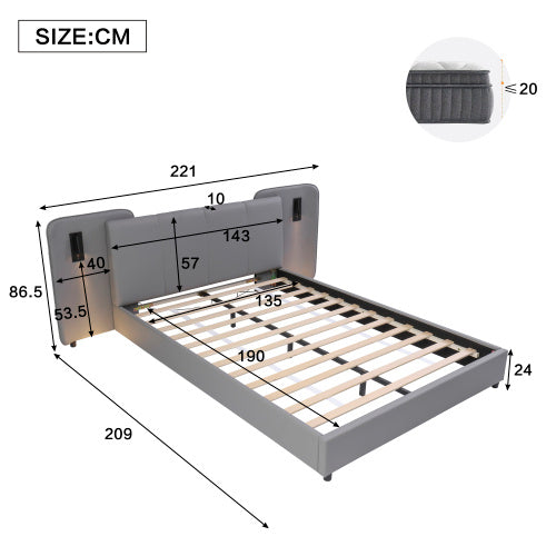 Upholstered Bed, With Charging Port And Lighting, 4ft6 Double Bed 135x190cm, Soft Sponge Headboard Backrest, Anti-collision Sponge Filling, PU  Plywood,