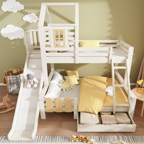 Bunk Beds For Kids, Wooden Cabin Bed With Ladder And Slide, Multi-functional Tree-house Bed, Children's House Bed, Twin Sleeper Solid Wood, White