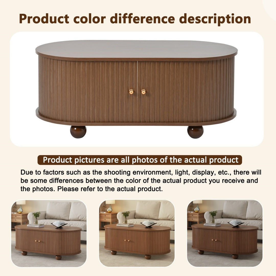 Oval Coffee Table With 2 Sliding Doors, Rounded Corners,Hidden Compartment Center Table, Sofa Table With Storage Space, Side Table With Central Open Storage Area,100X50X40cm,Oak Color,MDF