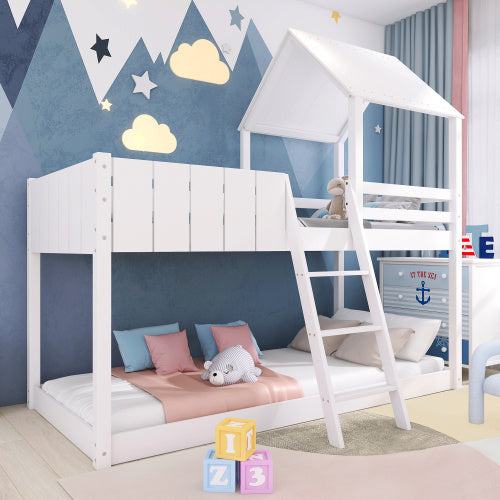 Wooden Bunk Bed, Loft Bed With Ladder And Guard Rail, Mid-Sleeper Cabin Bed, 3 FT Single Treehouse Canopy, Shaped With Space-Saving Design For Children& Kids Home White-90x190 Cm