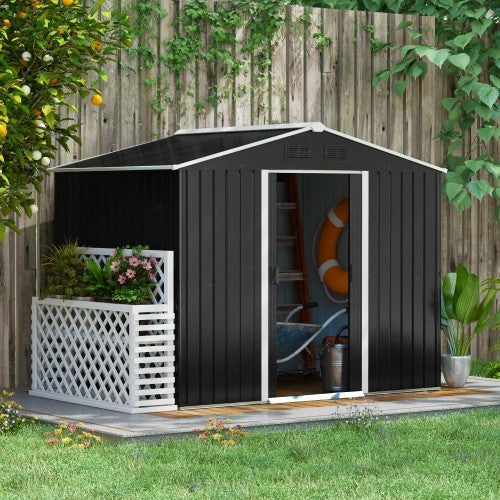 Outsunny 7.7 X 5.7ft Metal Garden Shed, Galvanised Outdoor Tool Storage House With Ventilation Slots And Sliding Doors, Grey