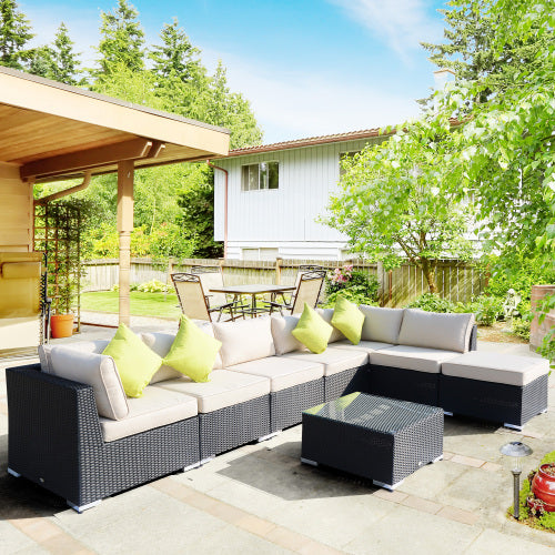 Outsunny 8 Pieces PE Rattan Corner Sofa Set With Thick Cushions, Aluminium Outdoor Rattan Garden Furniture Set With Glass Top Table, No Assembly Required, Black