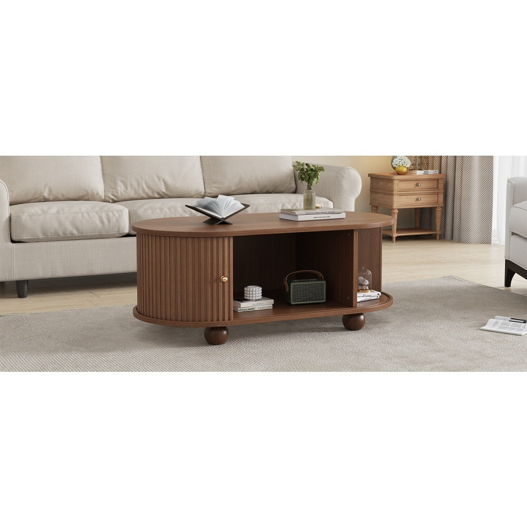 Oval Coffee Table With 2 Sliding Doors, Rounded Corners,Hidden Compartment Center Table, Sofa Table With Storage Space, Side Table With Central Open Storage Area,100X50X40cm,Oak Color,MDF