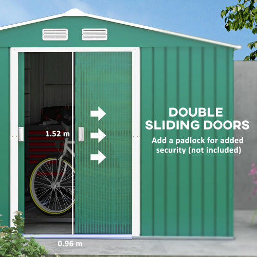Outsunny 9 X 6ft Metal Garden Shed, Outdoor Storage Tool House With Ventilation Slots, Foundation Kit And Lockable Double Doors, Green