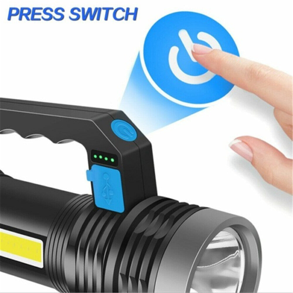 LED Flashlight USB Rechargeable Torch COB Spotlight Camping Light High Lumens Emergency Lamp 3 Modes Waterproof