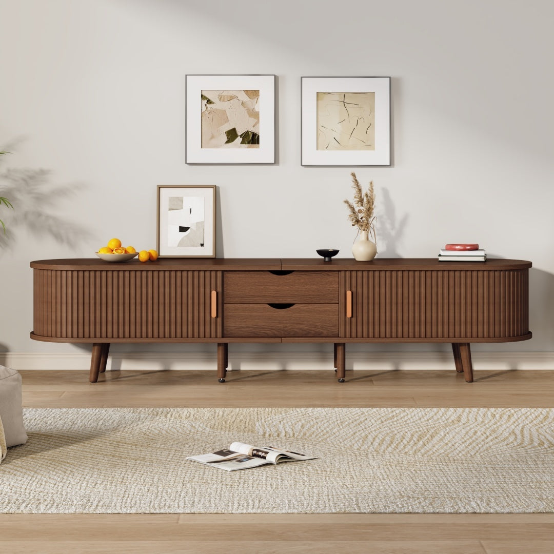 TV Stand With 2 Drawer 2 Sliding Doors 2  Tier Storage Shelf,Oval TV Cabinet Storage Sideboard With Rounded Corners For Livingroom Bedroom,175X40X42cm,Dark Oak,MDF,weight Capacity 30kg,for 70inch TV