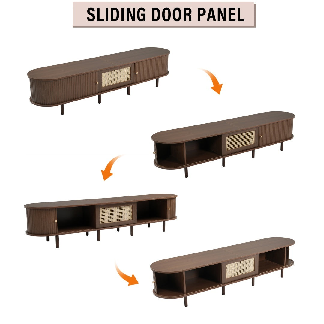 TV Stand With 1 Rattan Drawer And 2 Sliding Doors,Oval TV Cabinet Storage Sideboard With Rounded Corners For Livingroom, 180X40X40cm,Oak Color,MDF, Weight Capacity 30kg, Suitable For 70inch TV