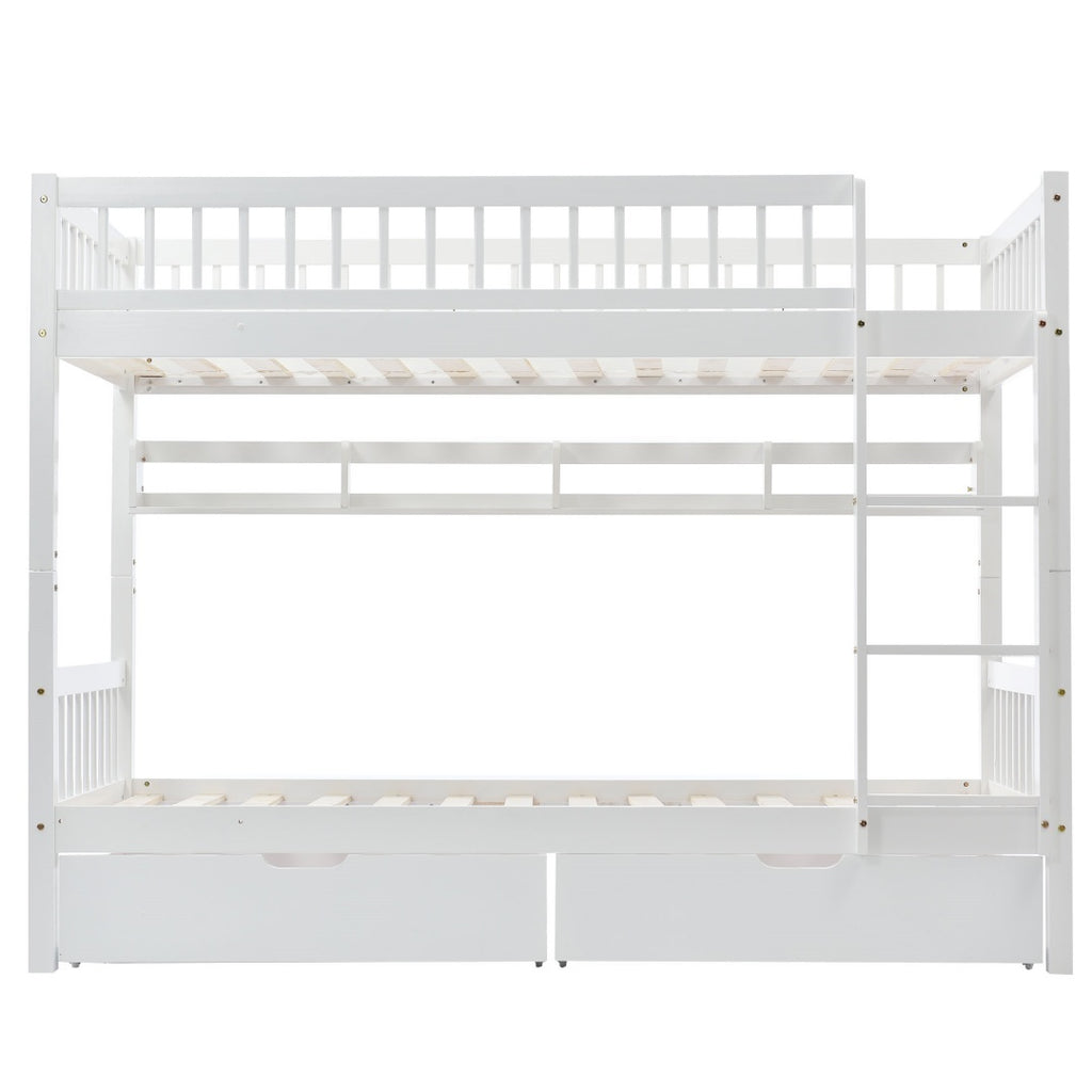 Bunk Bed, Kids Children, 3FT Solid Pine Wood Single Bed Frame & Under Bed Slide Drawer Storage, With Shelf, White 90x190cm