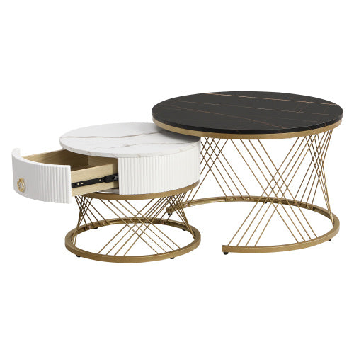 Elegant Nesting Coffee Table Marble Look Gold Decor,Side Table With Drawers  Set Of 2