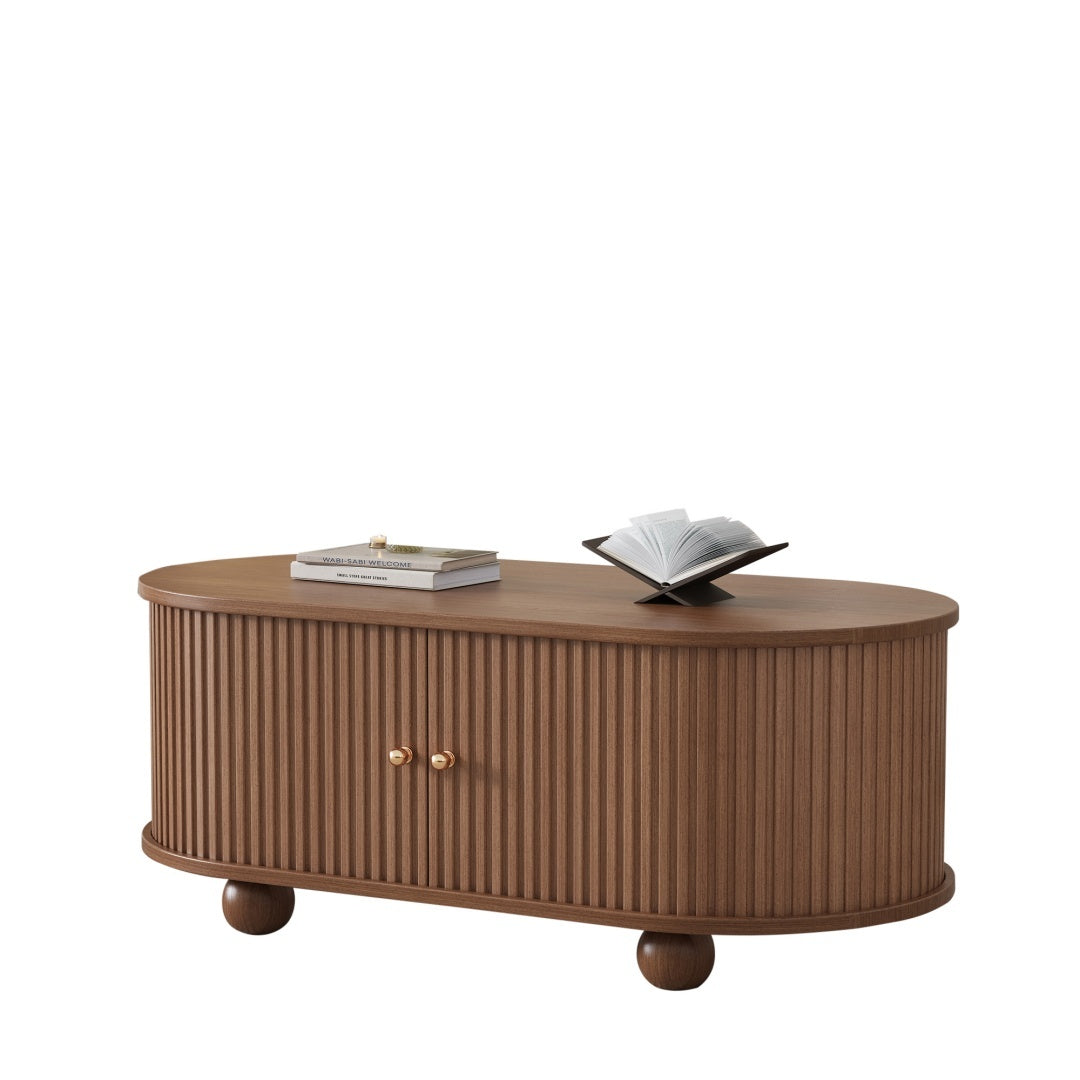 Oval Coffee Table With 2 Sliding Doors, Rounded Corners,Hidden Compartment Center Table, Sofa Table With Storage Space, Side Table With Central Open Storage Area,100X50X40cm,Oak Color,MDF