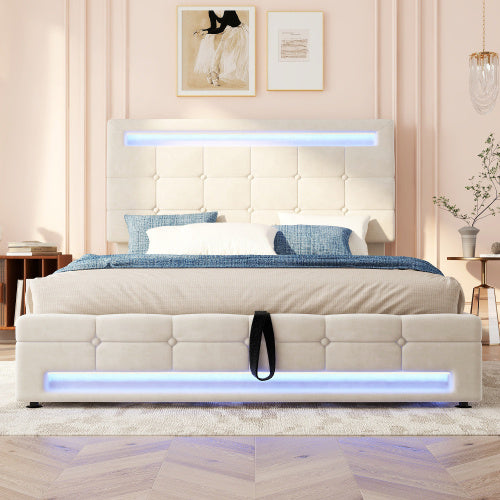 Upholstered Bed, Hydraulic Bed, Adults Teenagers 4ft6 Double Bed 135x190cm, Square Embellishment, With 7colors LED-light Strips, Velvet Iron, Beige