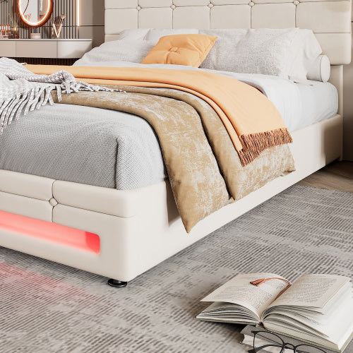 Upholstered Bed, Hydraulic Bed, Adults Teenagers 4ft6 Double Bed 135x190cm, Square Embellishment, With 7colors LED-light Strips, Velvet Iron, Beige
