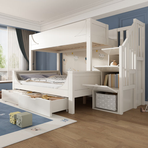 Bunk Beds For Kids, Staircase Bunk With Drawers And Storage, Children's Bed With Storage Unit, Double Bunk Bed For Family With Multiple Children,olid Wood, White