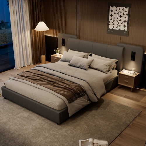 Upholstered Bed, With Charging Port And Lighting, 4ft6 Double Bed 135x190cm, Soft Sponge Headboard Backrest, Anti-collision Sponge Filling, PU  Plywood,