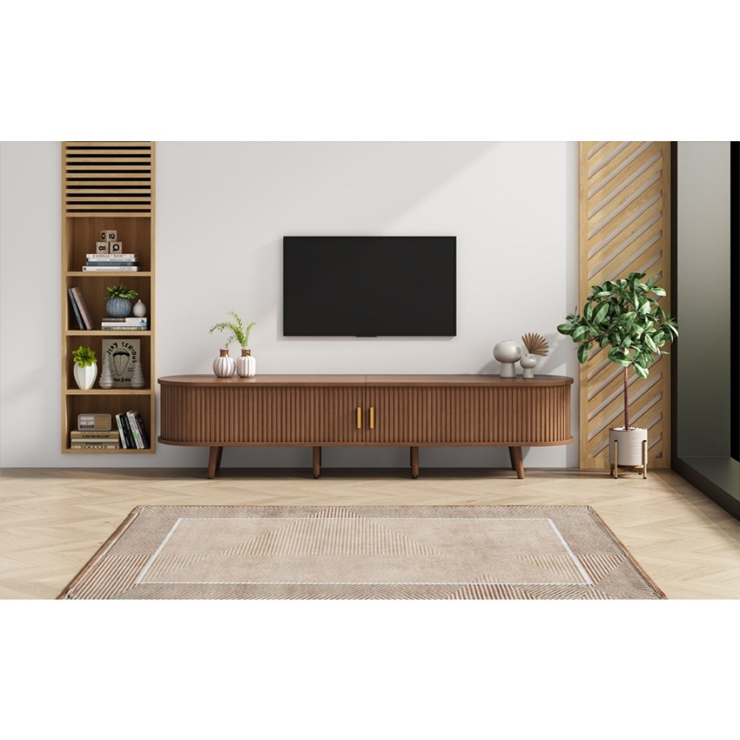 TV Stand With 2 Drawer 2 Sliding Doors 2  Tier Storage Shelf,Oval TV Cabinet Storage Sideboard With Rounded Corners For Livingroom Bedroom,175X40X42cm,Dark Oak,MDF,weight Capacity 30kg,for 70inch TV