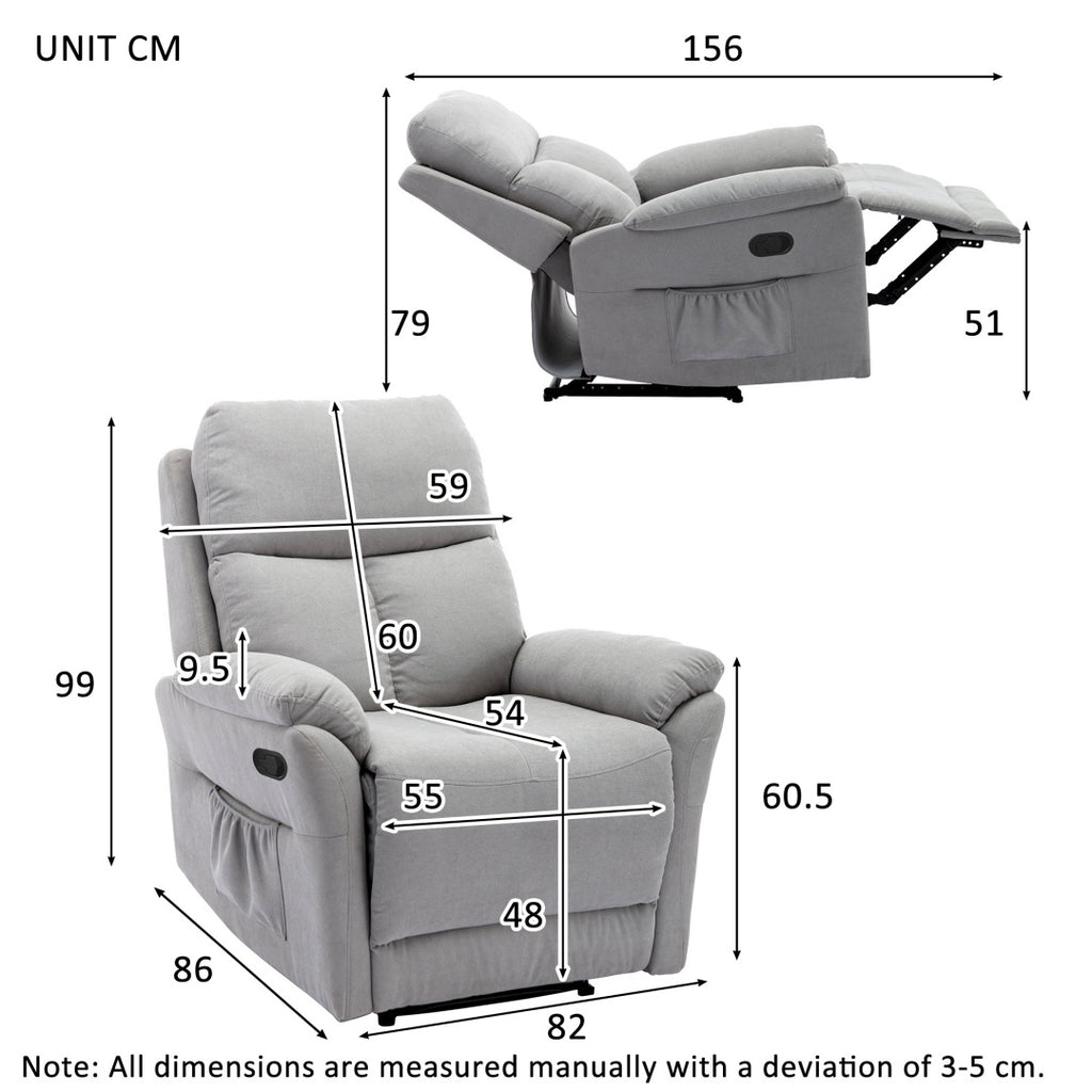 Recliner Chair For The Elderly, Fabric Upholstered Chair With Side Pockets, Recliner Armchair Adjustable For Living Room Bedroom,Gray