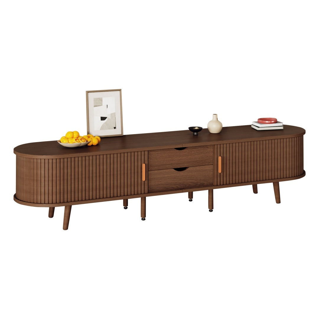 TV Stand With 2 Drawer 2 Sliding Doors 2  Tier Storage Shelf,Oval TV Cabinet Storage Sideboard With Rounded Corners For Livingroom Bedroom,175X40X42cm,Dark Oak,MDF,weight Capacity 30kg,for 70inch TV