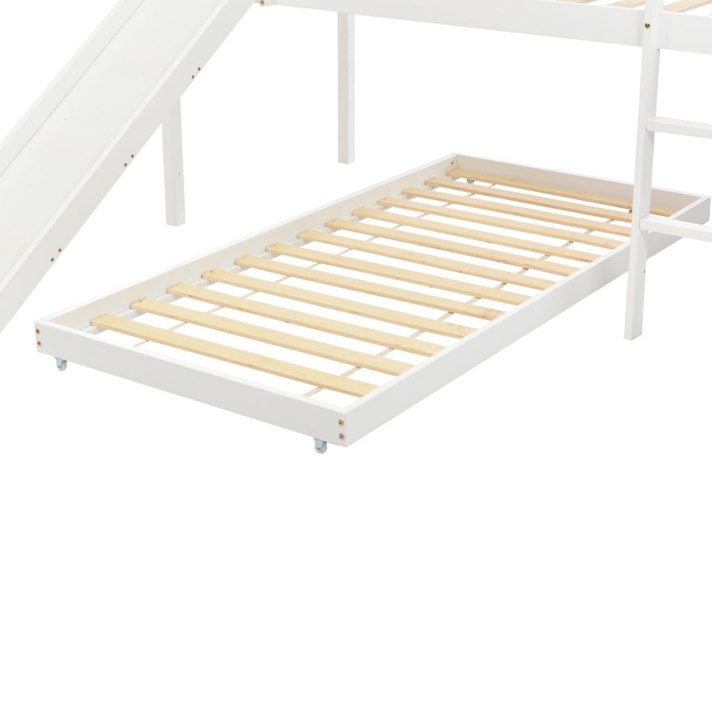 Childrens Cabin Bed Frame With Slide  Ladder, Bunk Bed For Kids With Adjustable Ladder And Slide, Adjustable Lower Bed ,White, 190x90cm    200x90cm