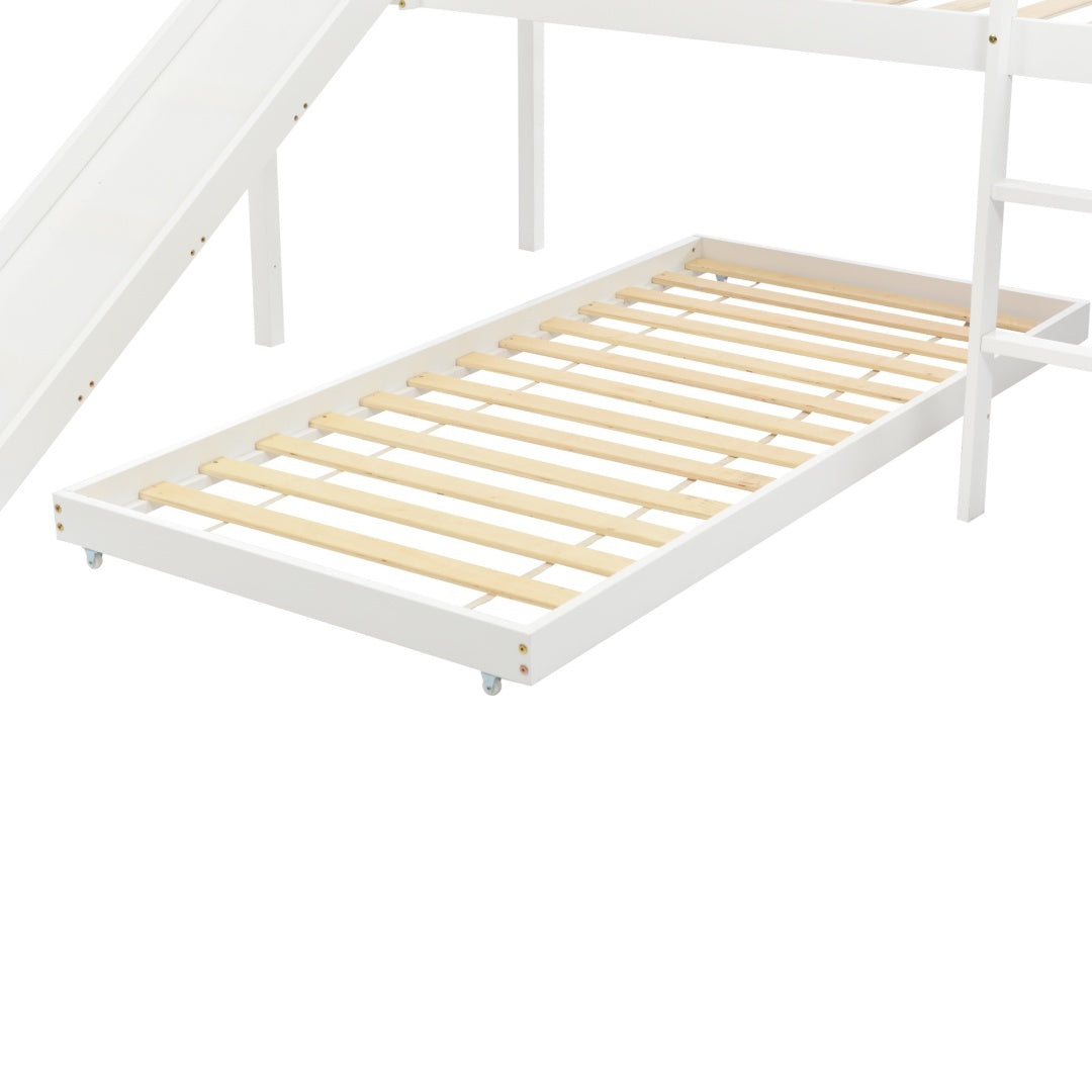 Childrens Cabin Bed Frame With Slide  Ladder, Bunk Bed For Kids With Adjustable Ladder And Slide, Adjustable Lower Bed ,White, 190x90cm    200x90cm