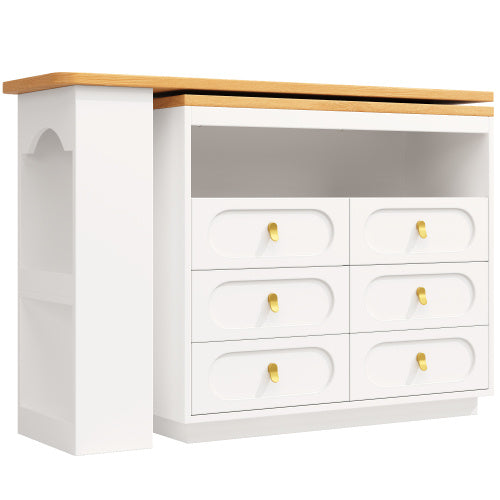 360 Rotating Bar Table Main Body 137 X 39 X 90 Cm, Coffee Bar Furniture, Rotating Dining Bar With Storage, Kitchen Island, With Spice Rack, Six Drawers, Open Storage Space, White
