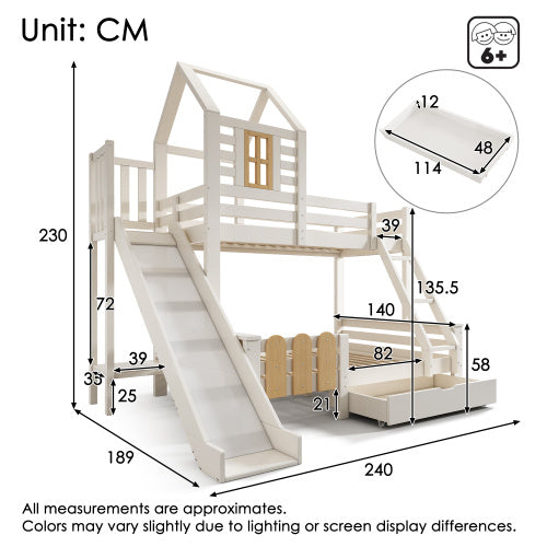 Bunk Beds For Kids, Wooden Cabin Bed With Ladder And Slide, Multi-functional Tree-house Bed, Children's House Bed, Twin Sleeper Solid Wood, White
