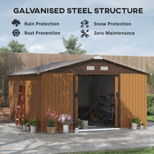 Outsunny 13 X 11ft Metal Garden Shed, Outdoor Storage Tool House With Ventilation Slots, Foundation Kit And Lockable Double Doors, Light Brown