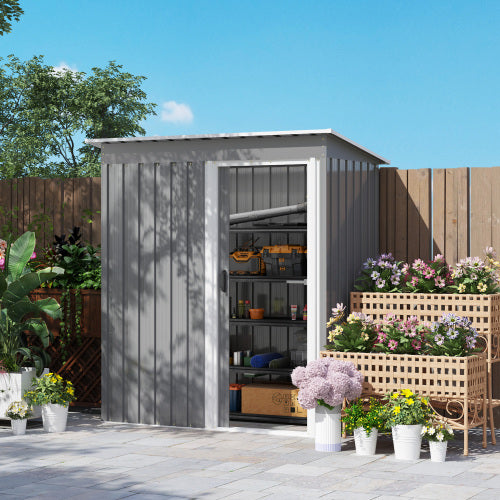 Outsunny 5 X 3ft Garden Storage Shed With Sliding Door And Sloped Roof Outdoor Equipment Tool, Light Grey