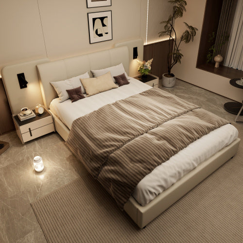 Upholstered Bed, With Charging Port And Lighting, 4ft6 Double Bed 135x190cm, Soft Sponge Headboard Backrest, Anti-collision Sponge Filling, PU  Plywood,