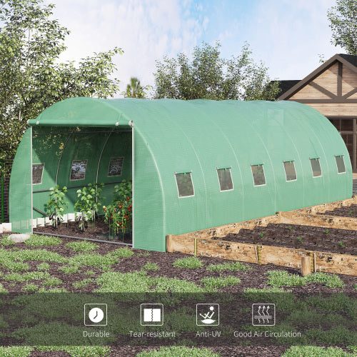 Outsunny Walk-in Polytunnel Garden Greenhouse, Outdoor Mesh Door Greenhouse With PE Cover And 6 Windows, 4.5 X 3 X 2m, Green