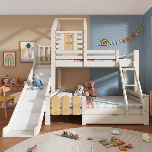 Bunk Beds For Kids, Wooden Cabin Bed With Ladder And Slide, Multi-functional Tree-house Bed, Children's House Bed, Twin Sleeper Solid Wood, White