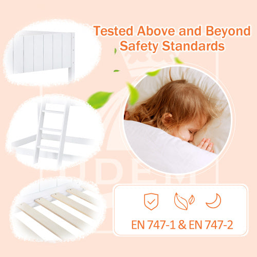 Wooden Bunk Bed, Loft Bed With Ladder And Guard Rail, Mid-Sleeper Cabin Bed, 3 FT Single Treehouse Canopy, Shaped With Space-Saving Design For Children& Kids Home White-90x190 Cm