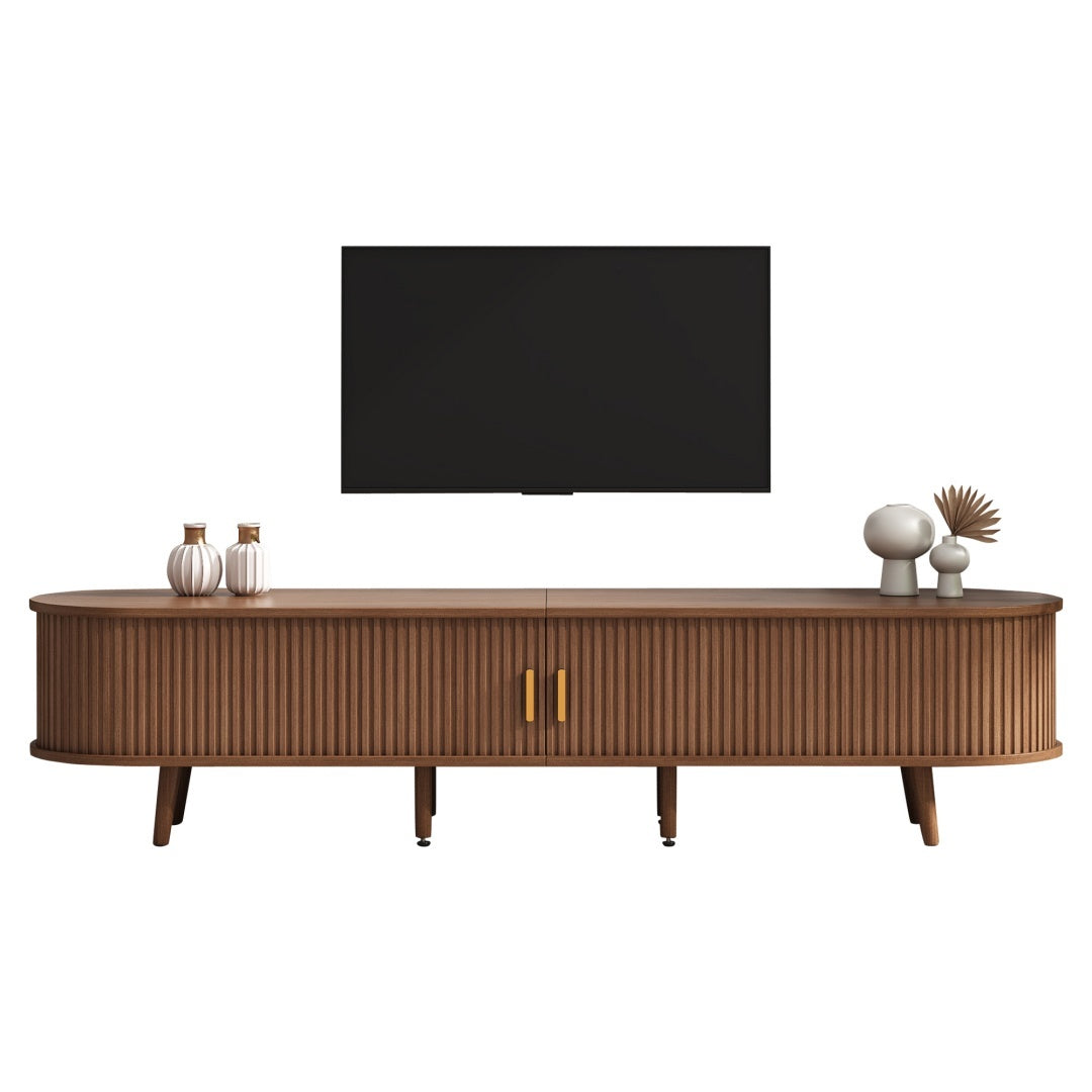 TV Stand With 2 Drawer 2 Sliding Doors 2  Tier Storage Shelf,Oval TV Cabinet Storage Sideboard With Rounded Corners For Livingroom Bedroom,175X40X42cm,Dark Oak,MDF,weight Capacity 30kg,for 70inch TV