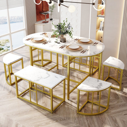 Dining Room Table Set With Six Chairs, Dining Group With White MDF Seat Cushions And Gold-plated Iron Frames, Modern Luxury Tables And Chairs