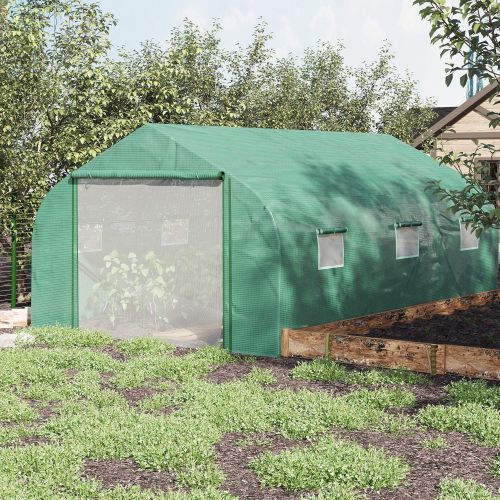 Outsunny Walk-in Polytunnel Garden Greenhouse, Outdoor Mesh Door Greenhouse With PE Cover And 6 Windows, 4.5 X 3 X 2m, Green
