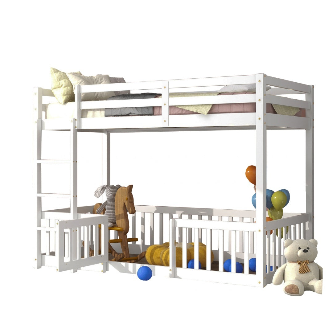 3FT Bunk Bed, Bed With Fences And Door, Children's Bed With Fall Protection And Railings, Solid Wood, White 190x90cm