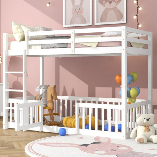 3FT Bunk Bed, Bed With Fences And Door, Children's Bed With Fall Protection And Railings, Solid Wood, White 190x90cm